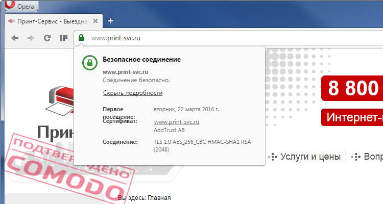 SSL-сертфикат от Comodo в браузере Opera